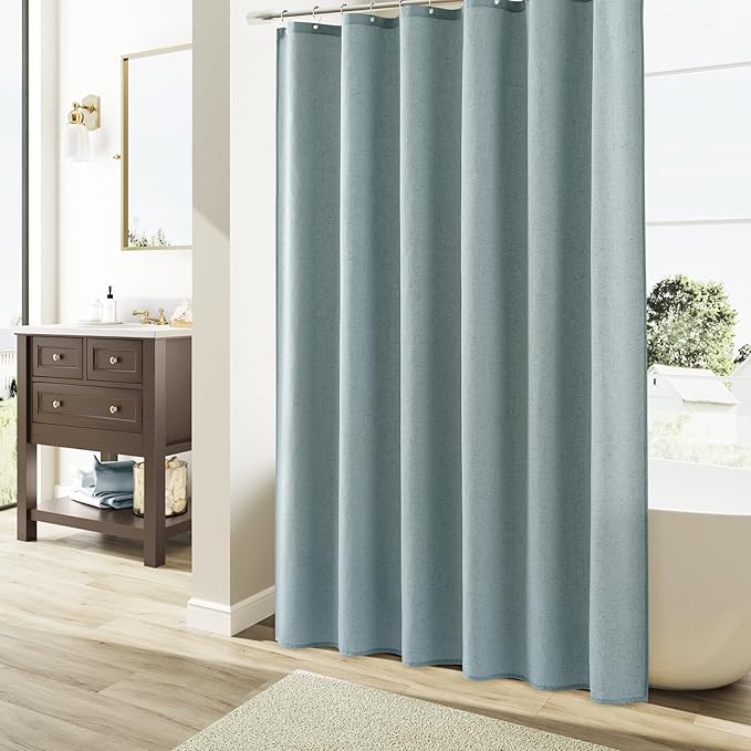 Naturoom Light Blue Linen Shower Curtain, Country Boho Farmhouse Bath Decor Shower Curtains Neutral Cloth Weighted Textured Fabric Bath Curtain Liner with Hooks, 72x96