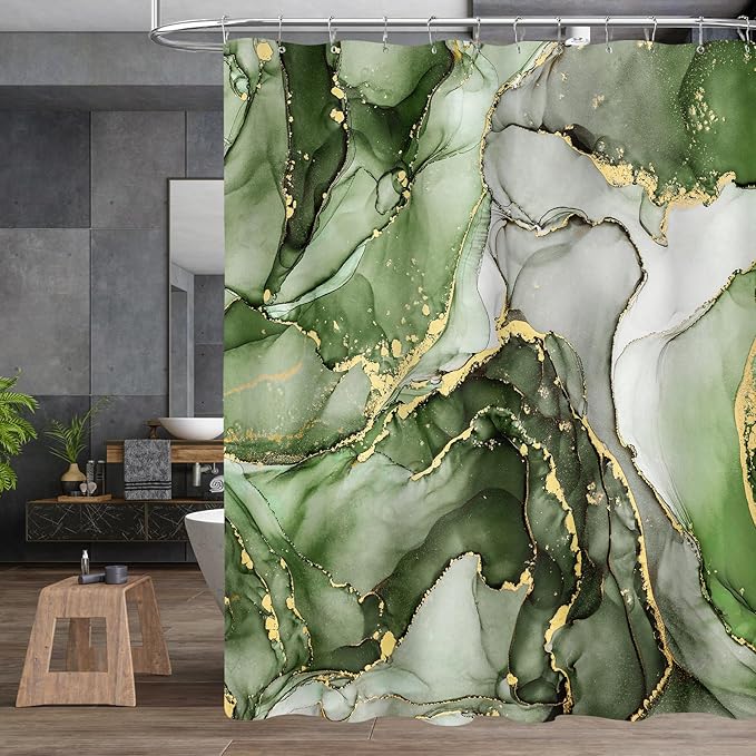 4PCS Olive Green Marble Bathroom Sets with Shower Curtain and Rugs, Abstract Shower Curtain Sets with Rugs, Gold Bathroom Curtains Shower Set with Toilet Lid Cover Accessories