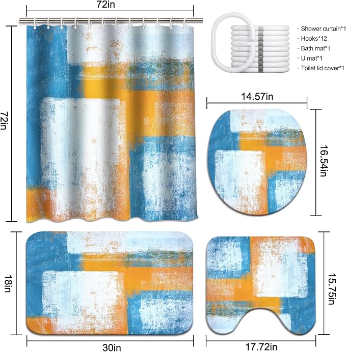 Lnond 4Pcs Bathroom Shower Curtain Sets with Rugs,Blue Orange Painting Art Bathroom Sets with Shower Curtain and Rugs and Accessories