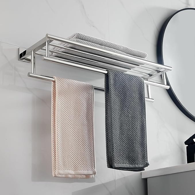 Bathroom Towel Rack with Double Towel Bar Bathroom Hotel Shower Shelf SUS304 Stainless Steel Modern Wall Mounted Holder 28 Inch Polished Chrome