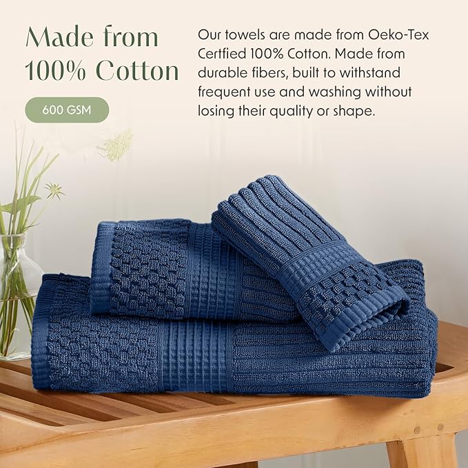 Springtree Home 100% Cotton Bath Towel Set of 4 | Super Soft & Absorbent with Quick-Dry Fibers | 4 Bath Towels | Textured and Durable Cotton | Krista Collection - Navy