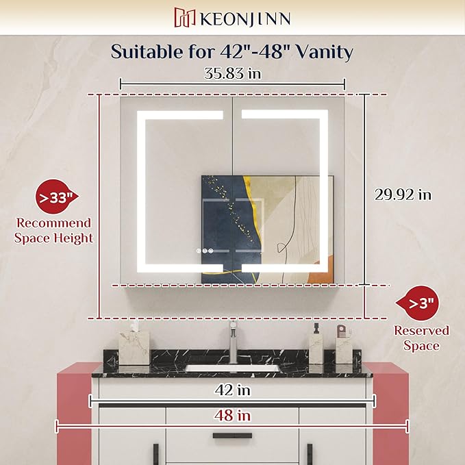 Keonjinn 36x30 Inch Lighted Medicine Cabinet with Mirror, Medicine Cabinet with Lights 3 Color Dimmable with Defogger and Outlets, UL Listed, Tempered Glass Recessed/Wall Mounted Mirror with Storage