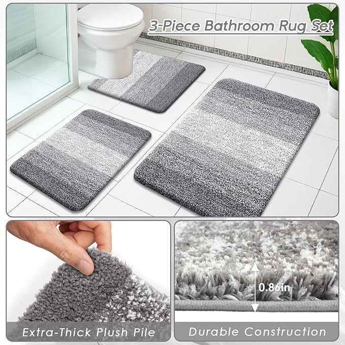 Britimes Grey Stripes Bathroom Sets with Shower Curtain and Rugs, Ombre Modern Minimalist Striped Waterproof Shower Curtain Liner and Soft Non Slip Bath Mat for Bathroom Decor and Accessories Hooks