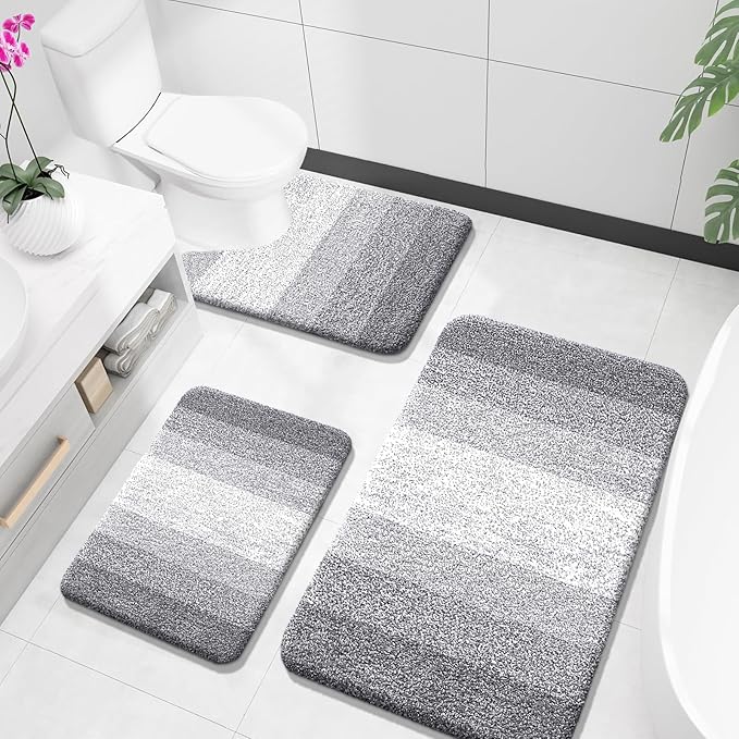 OLANLY Bathroom Rugs Sets 3 Piece, Soft Absorbent Microfiber Bath Mats and U-Shaped Contour Toilet Rug, Plush Shaggy Bath Mat Set for Bathroom (36"x24"+24"x16"+24"x20", Light Grey)