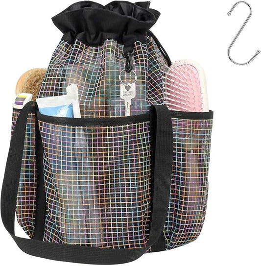 F-color Mesh Shower Caddy Portable with Drawstring - Tall 5 Pockets Dorm Room Essentials for Guys Girls with S Hook, Shower Bag Basket Tote for College Camping Travel Toiletry Bathroom, Black Grid