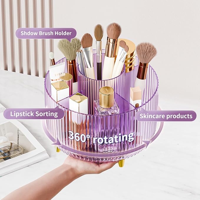 Clear Rotating Makeup Organizer Countertop for Vanity, 360?? Makeup Brush Holder Organizer with 5 Compartments, Transparent Cosmetic Storage for Lipstick, Skincare, Bathroom Counter(Transparent Purple)