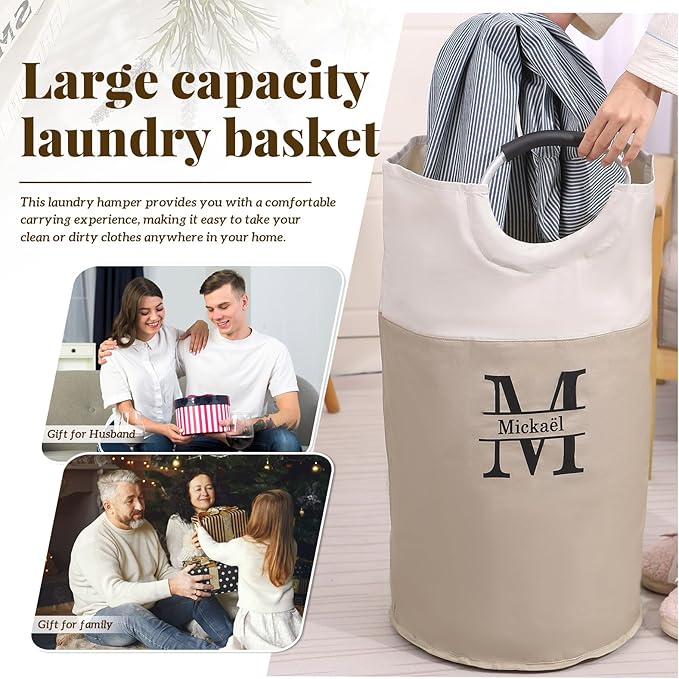 Personalized Collapsible Laundry Baskets Custom Clothes Basket with Initial Name Laundry Hamper 90L Large Dirty Clothes Basket for Bathroom (With Handle)