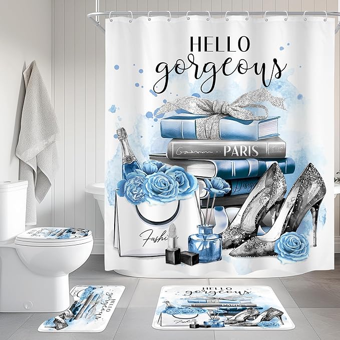 Cinbloo 4Pcs Girly Blue Shower Curtain Set, Silver Grey Fashion Women Bathroom Curtain with Rug, Toilet Lid Cover, Bath Mat, Flower Perfume Black White Striped High Heels Shower Curtain with 12 Hooks