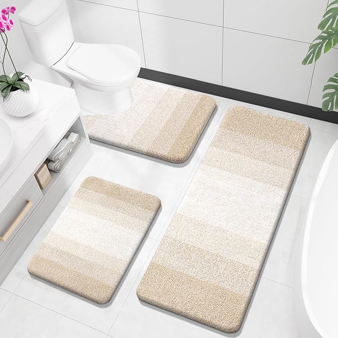 OLANLY Bathroom Rugs Sets 3 Piece, Soft Absorbent Microfiber Bath Mats and U-Shaped Contour Toilet Rug, Plush Shaggy Bath Mat Set for Bathroom (47"x20"+24"x16"+24"x20", Light Beige)