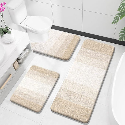OLANLY Bathroom Rugs Sets 3 Piece, Soft Absorbent Microfiber Bath Mats and U-Shaped Contour Toilet Rug, Plush Shaggy Bath Mat Set for Bathroom (47"x20"+24"x16"+24"x20", Light Beige)