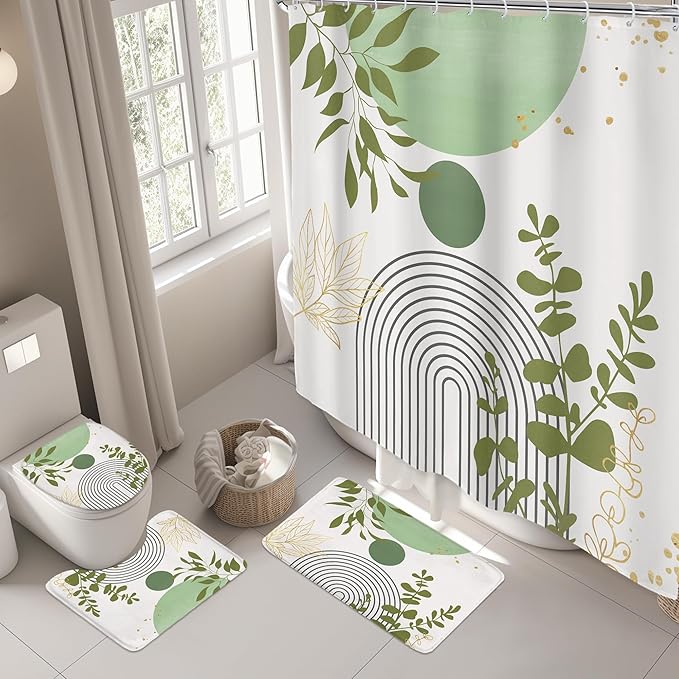 Riyidecor Boho Light Green 4Pcs Bathroom Shower Curtain Sets Mid Century Modern Minimalist Abstract Bathroom Decor Set with Rugs and Accessories Leaf Toilet Lid Rug, Contour and Bath Mat with 12 Hooks