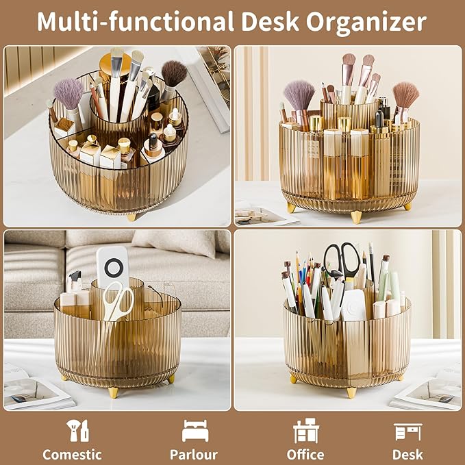 Clear Rotating Makeup Organizer Countertop for Vanity, 360?? Makeup Brush Holder Organizer with 5 Compartments, Transparent Cosmetic Storage for Lipstick, Skincare, Bathroom Counter (Transparent Amber)