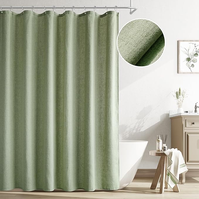Naturoom Extra Long Linen Shower Curtain, 72x84 Inch Long Neutral Fabric Country Cottage Spring Themed Bathroom Decor, Large Weighted Water Repellent Cloth Shower Curtains for Bathroom, Sage Green