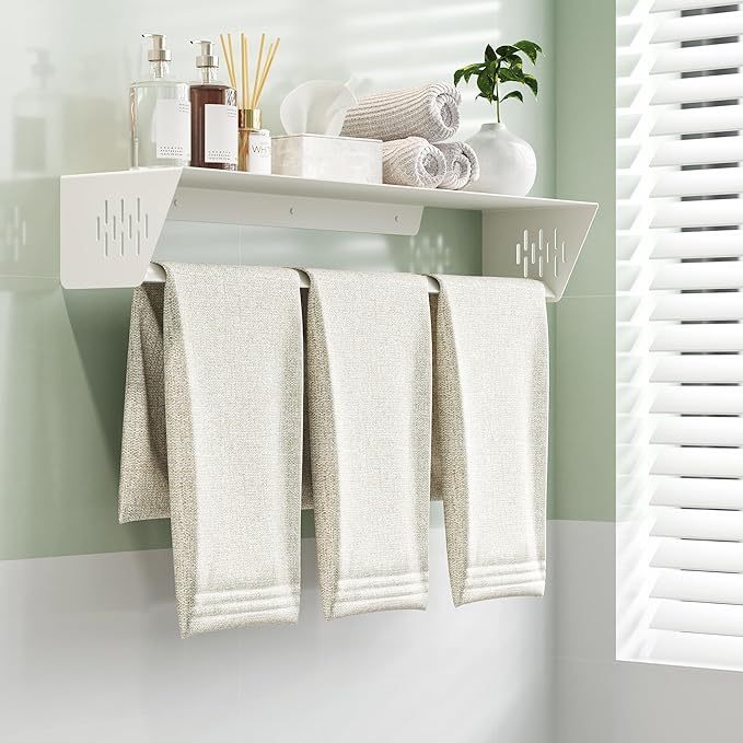Qeke Bathroom Lavatory Towel Rack, Wall Mount Towel Holder Towel Hanger Shelf with Towel Bar, SUS 304 Stainless Steel Towel Rack for Bathroom and Lavatory, Matte White, 24 Inch