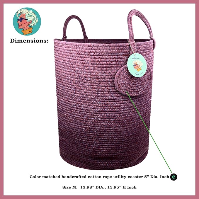 Modern Granny Medium Cotton Rope Laundry Hamper 14x16 Inch Dual Secure Woven Handle for Living Room Closet Clothes Blanket Organization
