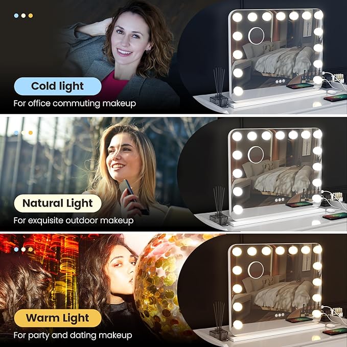 Vanity Mirror with Lights, 23"×18" Hollywood Vanity Mirror with Lights 15 Dimmable LED Bulbs, 3 Color Modes, 10X Magnification, USB Charging Port, Tabletop or Wall-Mounted (White, 23 * 18)