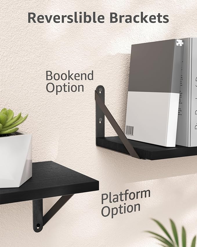 Wall Shelves 7.3" Deep Set of 2, Solid Paulownia Wood Wider Longer Sturdy Easy to Install Wall Mounted Bookshelves Storage Shelves Bathroom Home Office Laundry Room Bedroom Organizer Black