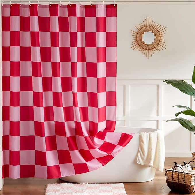 Checkered Shower Curtain, Doule Pink Plaid Shower Curtains for Bathroom, Cute Retro Checkboard Shower Curtain Vintage Aesthetic, Washable Fabric Bath Curtain 72''x72''