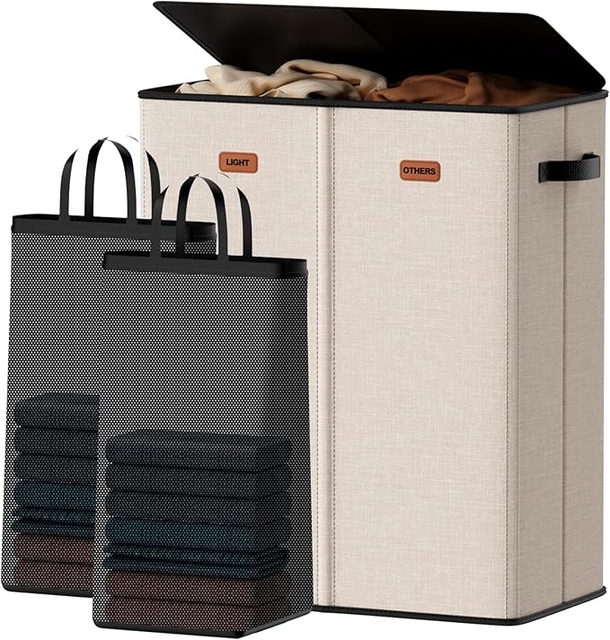 150L Double Laundry Hamper With Lid, Large Clothes Hampers with Removable Bag, Laundry Hamper 2 Section for Bathroom, Bedroom, Laundry Room, Dorm, Beige
