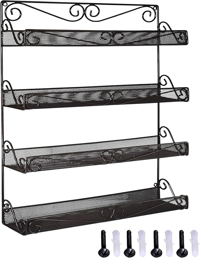 AMT 4 Tier Nail Rack, Pack Metal Wall Mount Organizer, Essential Oils Organizer, Pantry Cabinet Door Shelf Storage. Hanging Display for Spice Jars, Sauces, Cosmetic Beauty Bottles