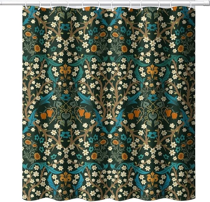 Mid Century Vintage Daisy Fabric Shower Curtain,Green Garden Flower William Morris Abstract Art Hotel Quality,Machine Washable,84L x72W for Bathroom.