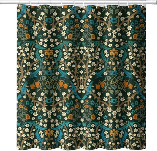 Mid Century Vintage Daisy Fabric Shower Curtain,Green Garden Flower William Morris Abstract Art Hotel Quality,Machine Washable,84L x72W for Bathroom.
