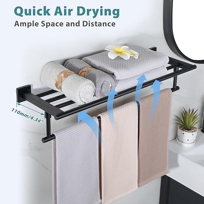 Alise 24 Inch Towel Racks for Bathroom Wall Mounted,Bathroom Towel Rack with Tower Bar,Double Towel Racks for Bathroom,SUS304 Stainless Steel Bathroom Towel Holder Matte Black