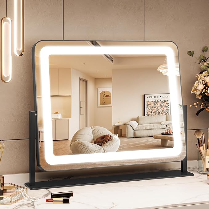 19.6 in x15.7 in Vanity Mirror with Lights, Large Lighted Mirror, LED Makeup Mirror with 3-Color Dimmable Modes and Smart Touch Control, Perfect for Desk or Bedroom, Vanity Desk Tabletop Makeup, White