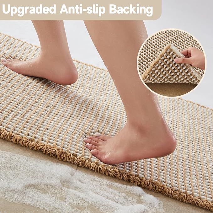 Waffle Runner Rug Bathroom, Long Boho Bathroom Rugs Non Slip Washable Super Absorbent Quick Dry Farmhouse Bath Decor, 60"x24" Khaki and White
