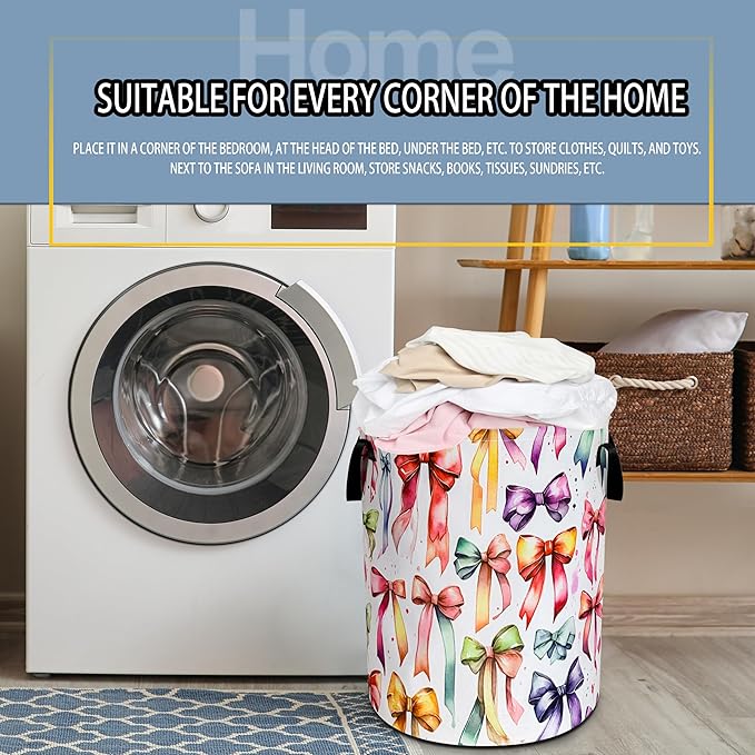 Colorful Bowknot Laundry Basket Bow Foldable Waterproof Oxford Cloth Funny Tote Bag Laundry Hamper Clothes Storage Bucket Toy Organizer For Bathroom/Laundry Storage/Bedroom 18.9x16.5 Inch