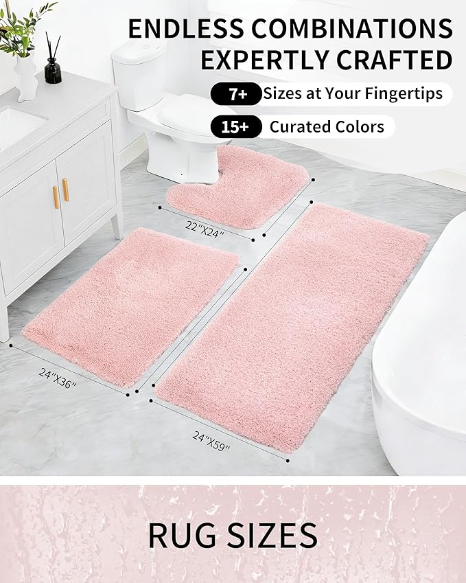 Bathroom Rugs Non Slip Washable 59x24, Ultra Thick Soft Microfiber Absorbent Bath Mats, High Density Foam Latex Non Slip Backing Bath Rugs, Fluffy Floor Carpet for Tub&Shower, Pink
