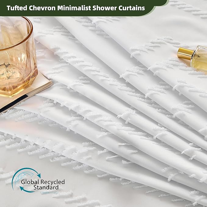 White Shower Curtain Fabric Boho Shower Curtain Cloth Textured Tufted Chevron Elegant Shower Curtains Waterproof for Bathroom 72" x 72"