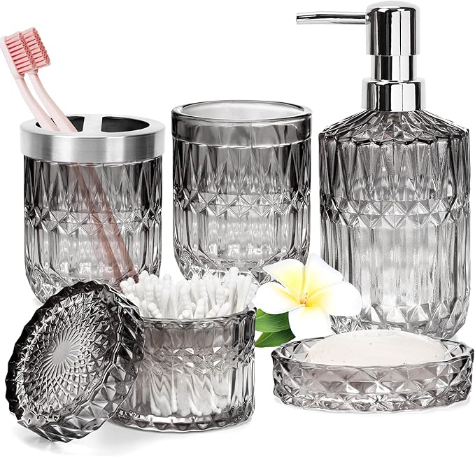 Glass Bathroom Accessories Set - 5Pcs Toothbrush Holder Set with Tumbler, Soap Dish & Cotton Swab Jar - Black and Clear Bathroom Accessories for Organised Space, Vintage Gift