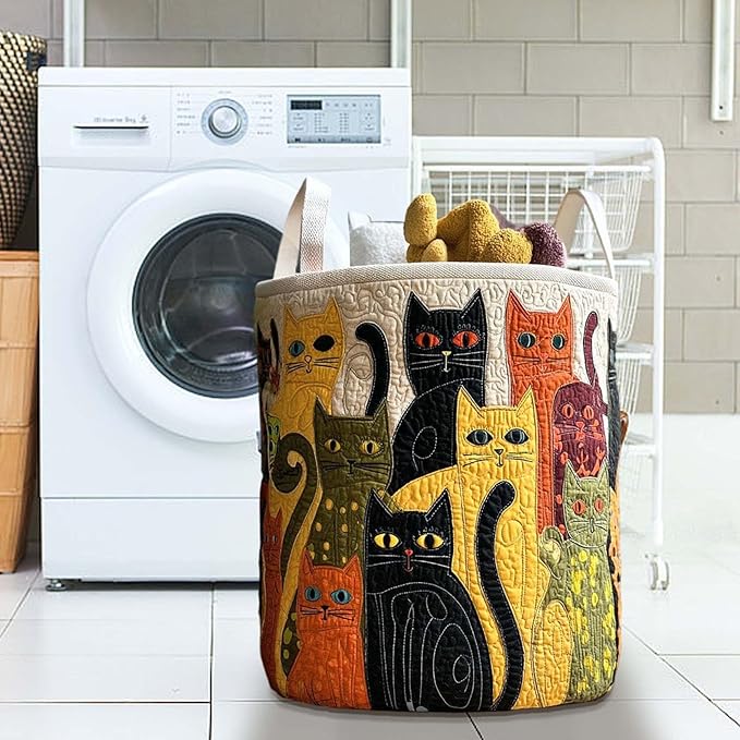 Cute Cat Quilted Laundry Basket with Handles, Boho Floral Fabric Quilted Laundry Basket, Large Soft Collapsible Storage Hamper for Nursery, Bedroom, Bathroom, Clothes & Toy Organization (#01)