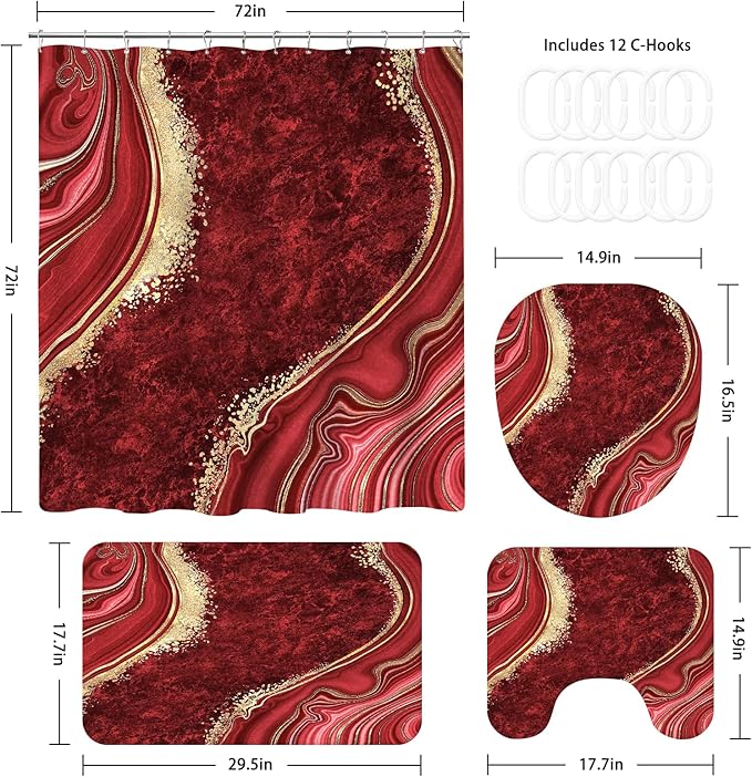 4PCS Red Marble Bathroom Sets with Shower Curtain and Rugs, Abstract Shower Curtain Sets with Rugs for Bathroom Decor, Modern Bathroom Curtains Shower Set with Toilet Lid Cover Accessories