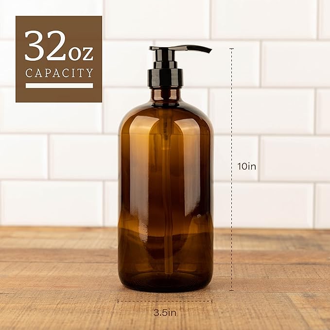 32 Ounce Glass Shampoo and Conditioner Dispenser Bottle with Pump, Shower - 1 Liter Body Wash Dispenser for Shower- by Kitchentoolz