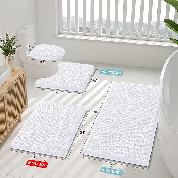 Smiry Luxury Chenille Bathroom Rugs 48x32, Extra Soft and Absorbent Shaggy Bath Mat, Machine Washable, Non-Slip Plush Carpet Runner for Tub, Shower, and Floor, Home Decor Accessories, White