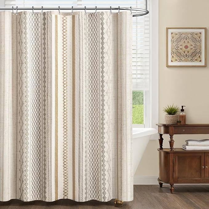 Boho Linen Shower Curtain for Bathroom,with Striped Print and Twine-Inspired Woven Center,Extra Long Size,72" W x 84" L