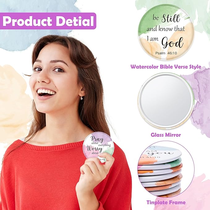 Y1tvei Watercolor Bible Compact Mirrors - 36Pcs Watercolor Bible Verse Mini Compact Mirrors Colorful Small Portable Round Pocket Mirror Christian Inspirational Church Party Favors Gifts for Women