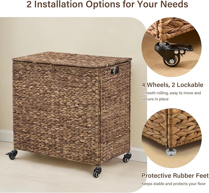 Hand-Woven Laundry Basket with Wheels, Natural Water Hyacinth Laundry Hamper with Lid,Removable & Machine-Washable Liner 2-Section Clothes Hamper for Bathroom and Laundry Room(120L,Espresso)