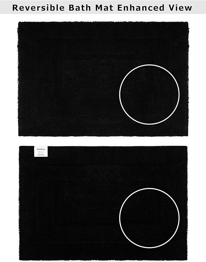 COTTON CRAFT Luxurious Bath Mat Rug - Set of 2 Reversible Heavyweight Step Out Bath Mats for Bathroom Floor, Tub and Shower - Pure Cotton Soft Plush Absorbent Tufted Racetrack Mat - 17x24 inch - Black