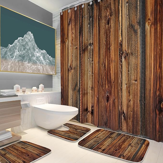 Farmhouse Western Vintage Bathroom Sets with Wooden Rustic Shower Curtain and 20 x 31 Rugs Bathroom Accessories Sets Decor with Bath Rug, Bath Mat, U-Shaped Contour and Hooks 72 x 72 Inch Brown