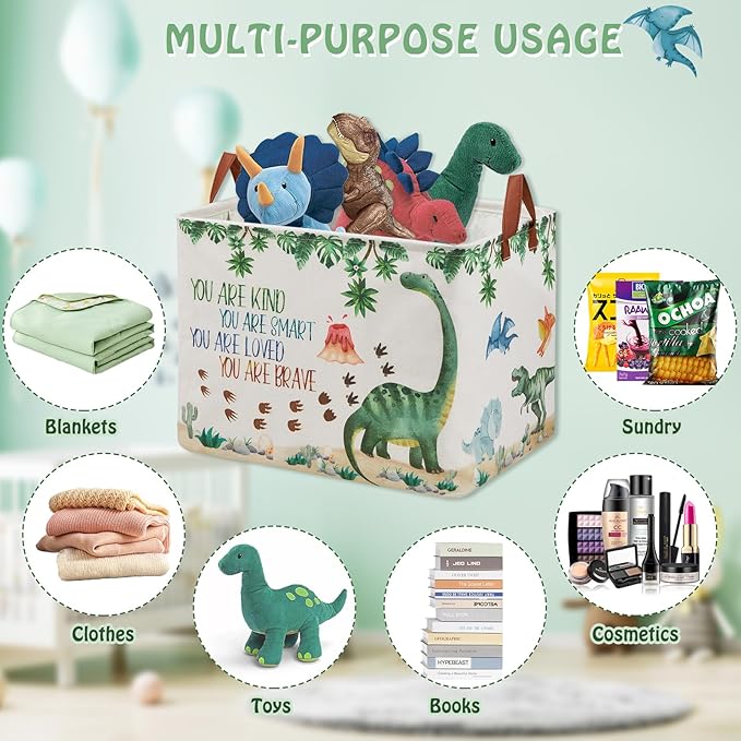 Dinosaur Nursery Decor Baby Gift Basket with Inspirational Quotes Large Kid Storage Chest Trunk Woodland Stone Volcano Book Shelf Basket Collapsible Clothes Toy Bin for Baby Rectangle Hamper,36L