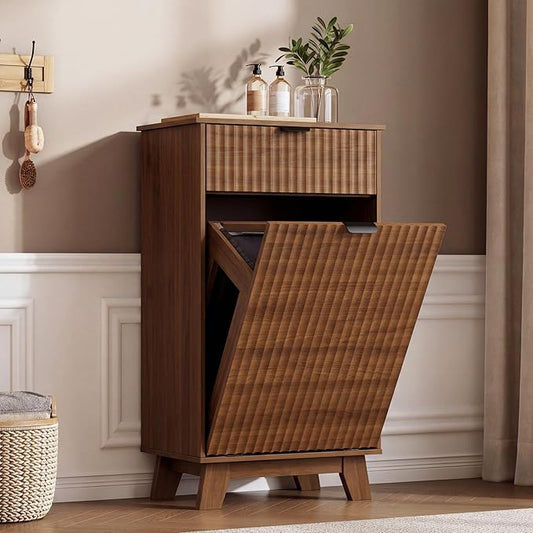 Double Tilt Out Laundry Hamper Cabinet, 20 Gallon Wooden Trash Can Cabinet with Storage Drawers, Hidden Fluted Garbage Can Holder for Kitchen, Living Room (Walnut Wood, 20.47"W x 35.83"H x 13"D)