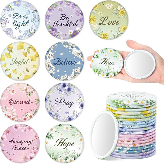 Y1tvei Colorful Floral Mirrors Bulk - 36Pcs Bible Verse Watercolor Flower Inspirational Gift Mini Compact Mirror Portable Round Pocket Makeup Mirror for Women Purse Religious Faith Church Party Favors