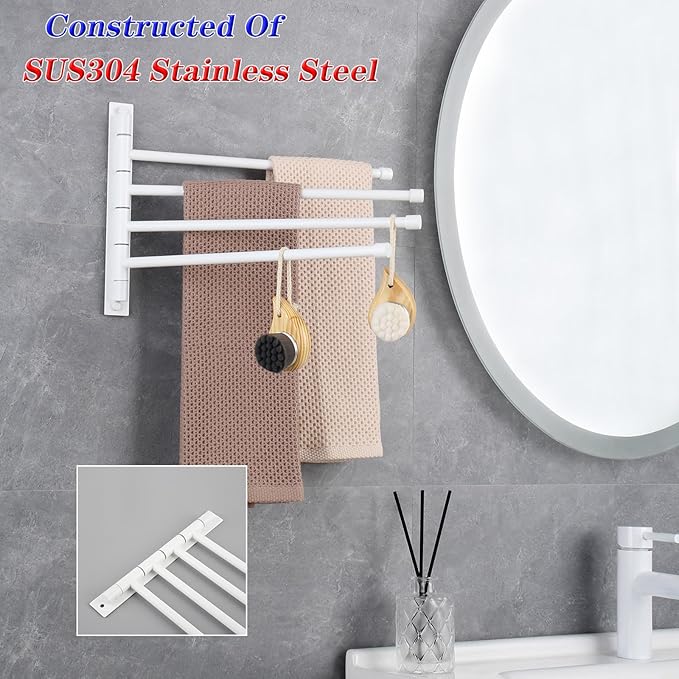 GERZWY Wall Mount Bath Towel Rack with 4 Arms Stainless Steel Bathroom Swing Arm Towel Bars Organizer, White