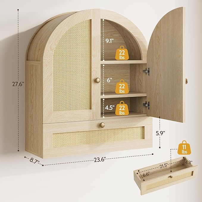 Arched Bathroom Wall Cabinet, Rattan Medicine Cabinet with Drawer, Wall Mounted Hanging Above Toilet Storage Cabinet, Natural 4-Tier Small Over The Toilet Storage Cabinet with Door for Kitchen Laundry