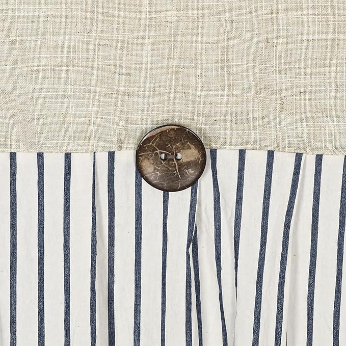 Farmhouse Shower Curtain,Beige and Blue Stripe,Button Curtain,Linen and Cotton Woven Fabric,Rustic Charm Country Chic Style,72x78 in