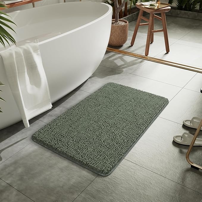 LOCHAS Luxury Bathroom Rug Shaggy Bath Mat 20 x 30 Inch, Washable Non Slip Bath Rugs for Bathroom Shower, Soft Plush Chenille Absorbent Carpets Mats, Sage Green