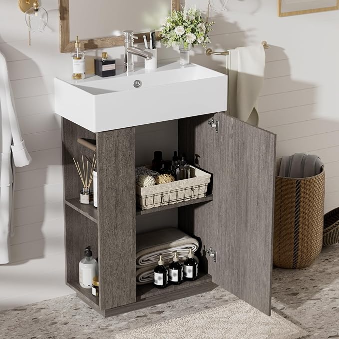 Virubi 21.6" Small Fluted Bathroom Vanity with Sink,Soft Closing Doors and Storage Shelves,Natural Wood Single Bathroom Sink Cabinet Combo Freestanding,Dark Grey